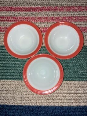 Set of 3 Vintage PYREX Orange Band Milk Glass Bowls - 12oz Model 410 - MCM